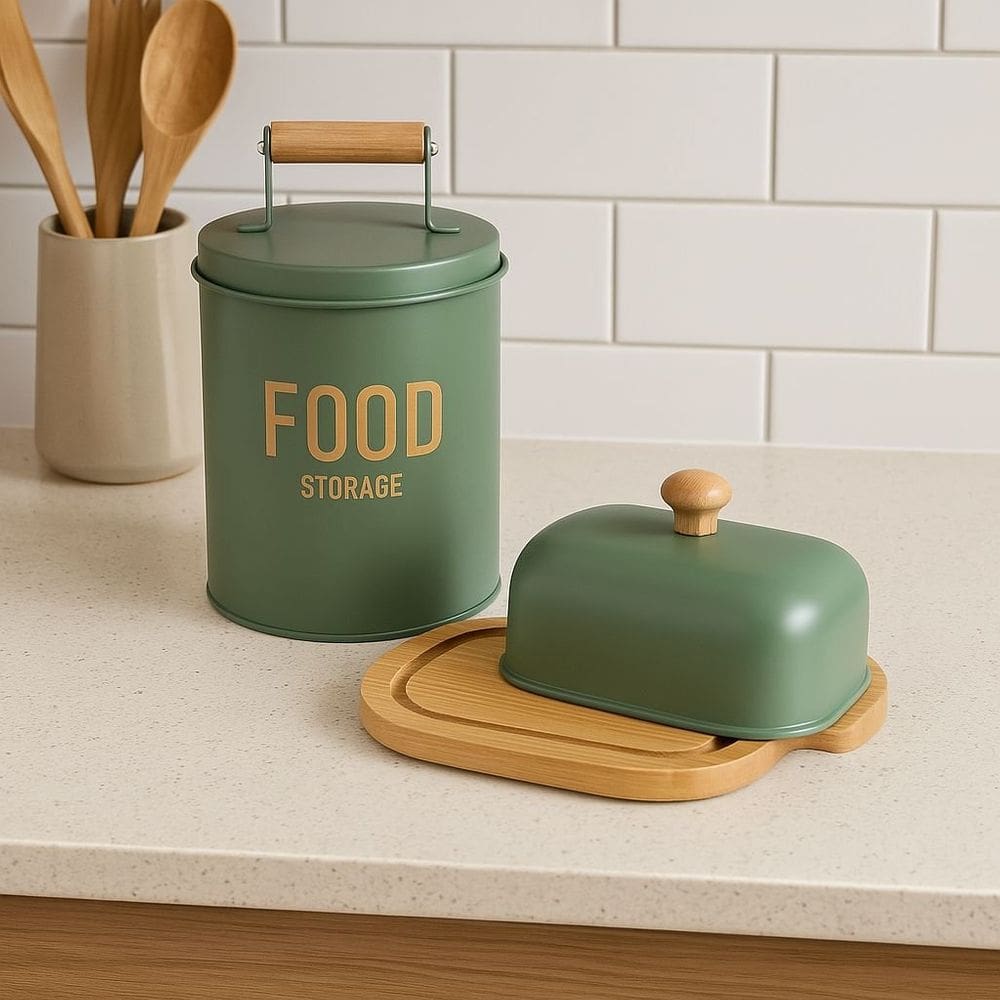 Kit 1 Lata De Metal Porta Mantimentos E Manteigueira Com Tampa De Metal E Base Em Bambu Enjoy