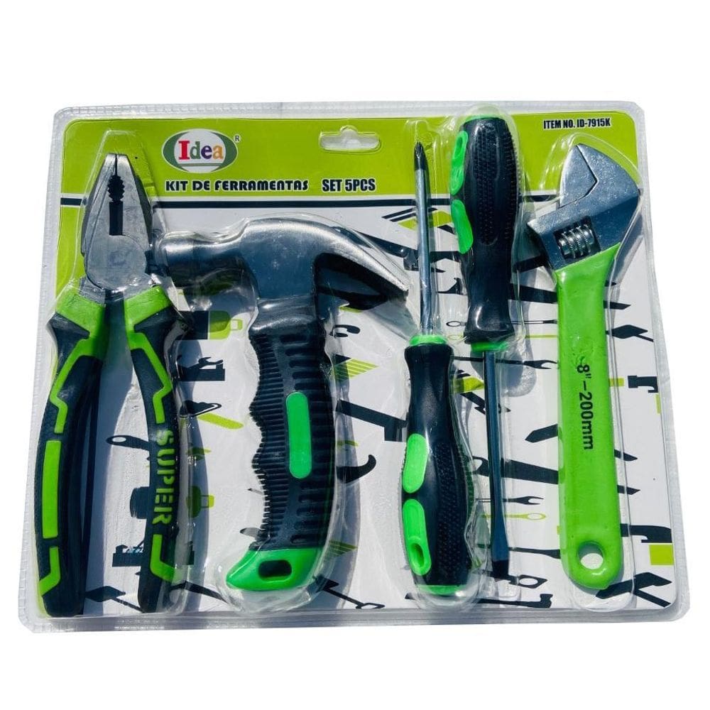 Kit 5 Ferramentas Aço Alicate Martelo Chave Philips Fenda E