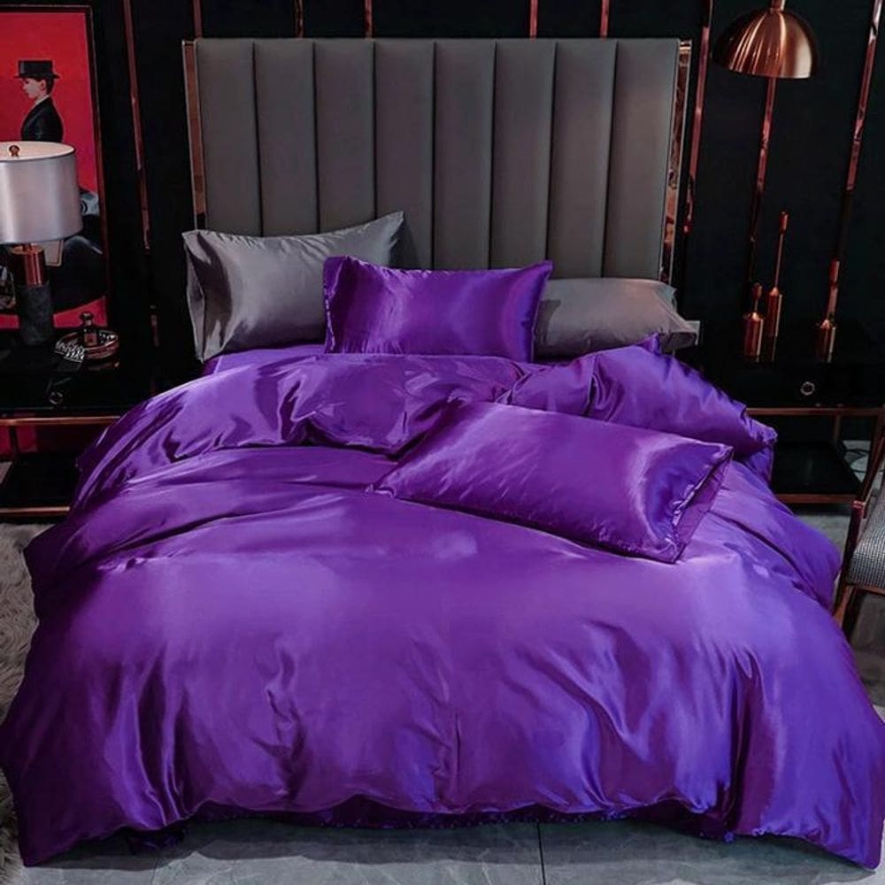 Jogo De Cama Casal King Cetim 7 Pç Completo Roxo C/Graffiti