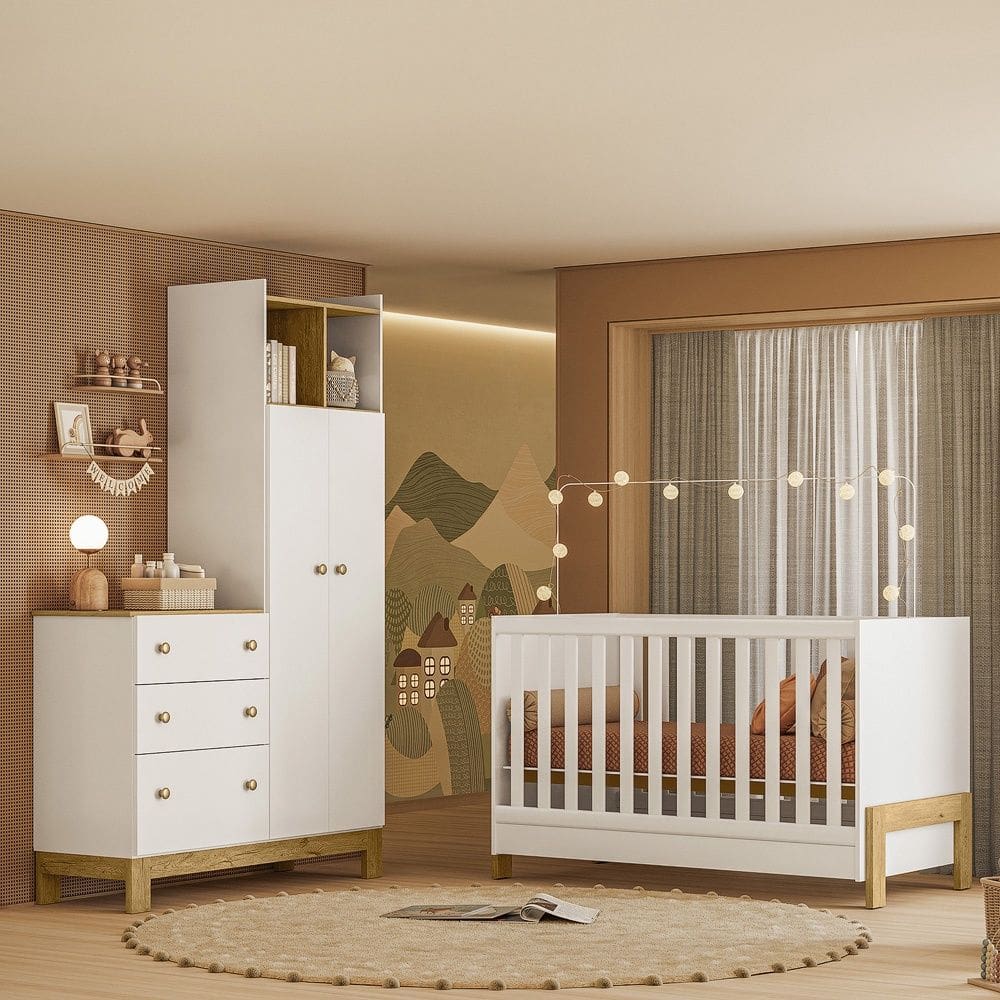 Quarto de Bebê com Berço Mini Cama Fantasia e Roupeiro com Cômoda QEncanto Slim Freijó Branco Acetinado Qmovi