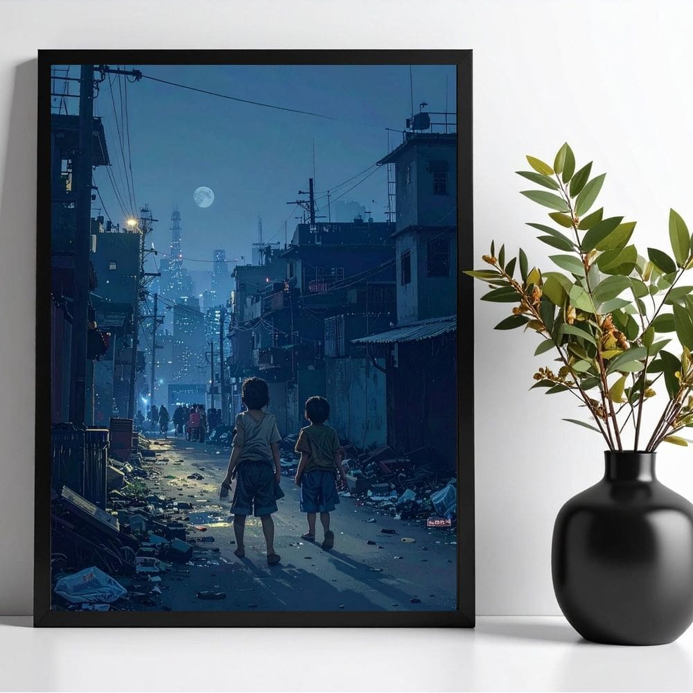 Quadro Crianças Na Favela A Noite 24X18Cm
