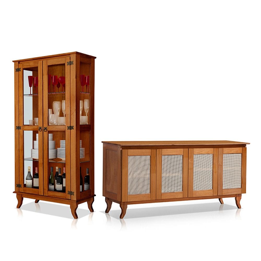 Conjunto Sala de Jantar Cristaleira de Madeira Antiga com Buffet 4 Portas Premium Castanho