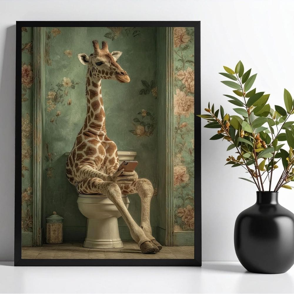 Quadro Banheiro Girafa No Vaso Com Celular 24X18Cm