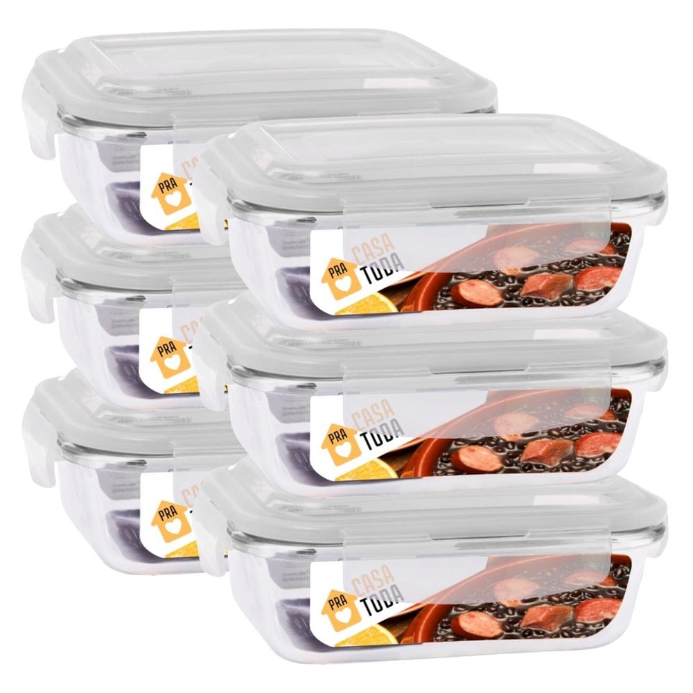 Conjunto 6 Potes Tampa Hermetica 4 Travas Retangular Vidro 370ml