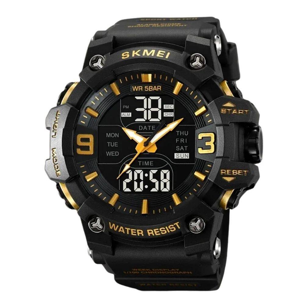 Relógio Masculino Skmei Anadigi 2222 Preto E Dourado