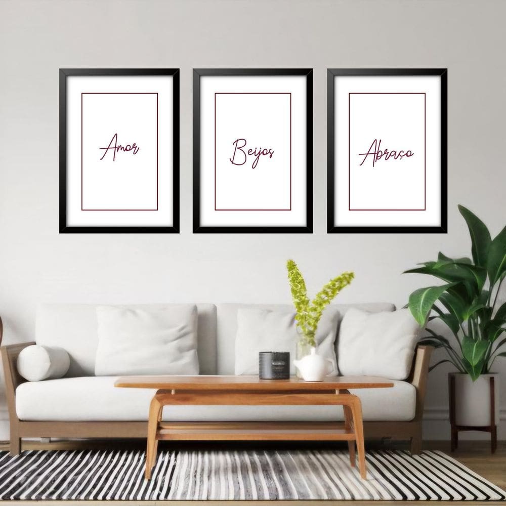 Kit 3 Quadros Grandes Amor Beijos E Abraço 60X48Cm