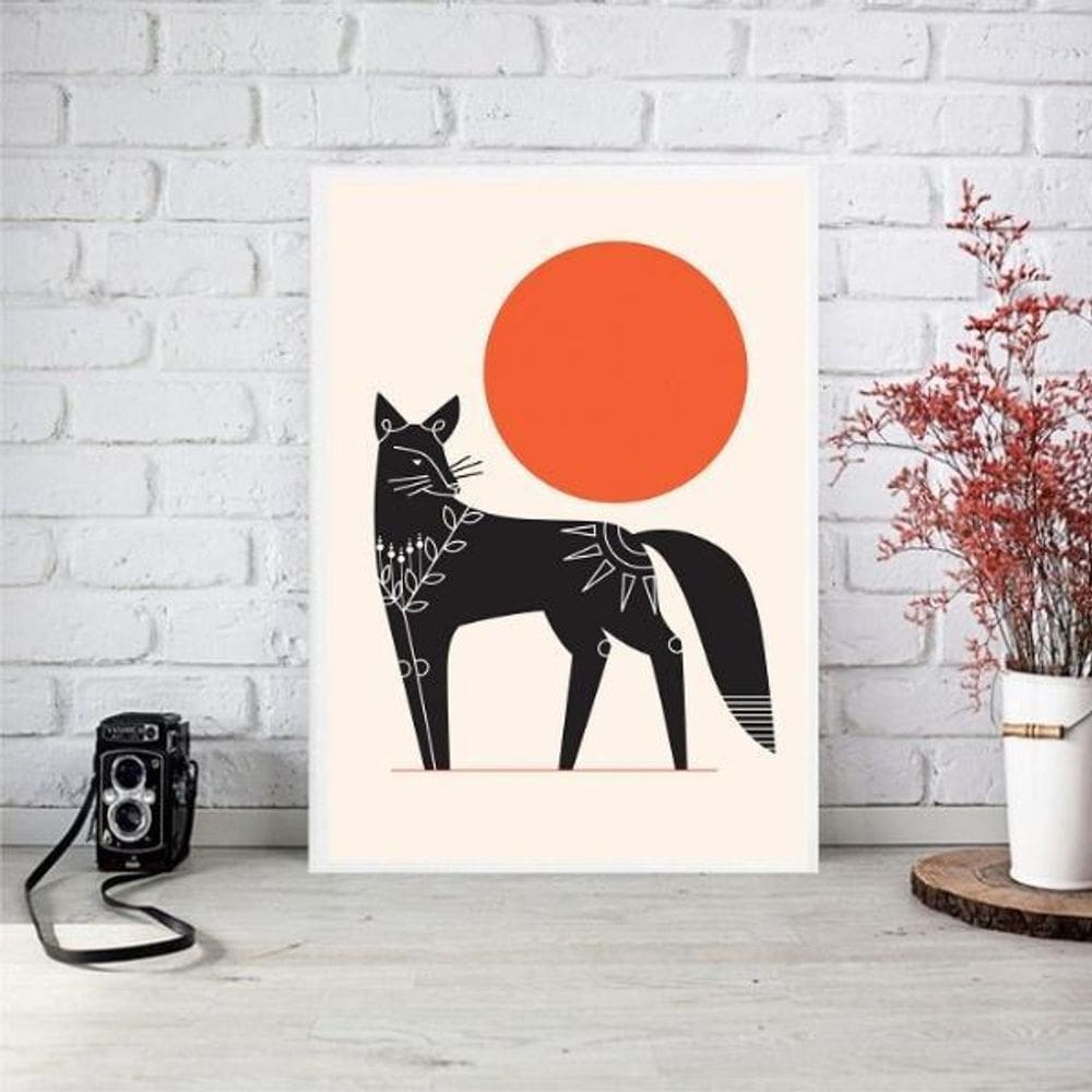 Quadro Decorativo Lobo Boho - Lua Vermelha 33X24Cm