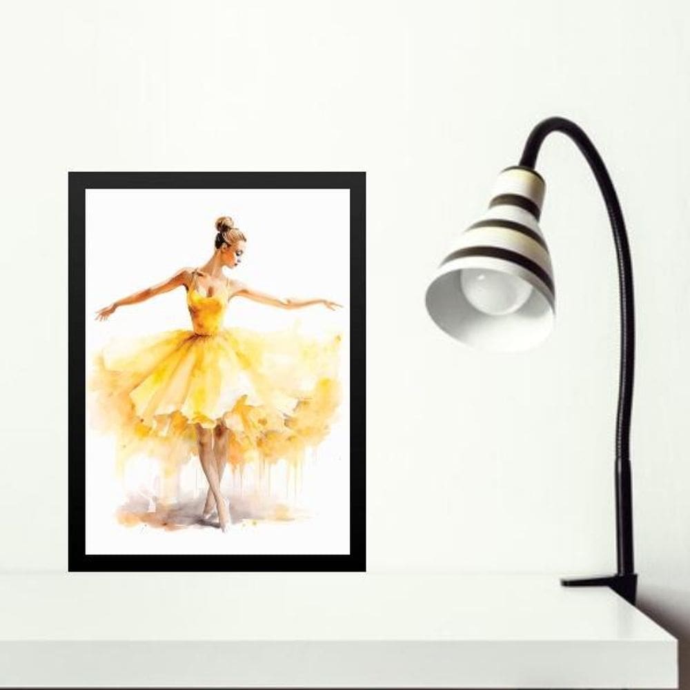 Quadro Bailarina Amarela - Aquarela 33X24Cm - Com Vidro