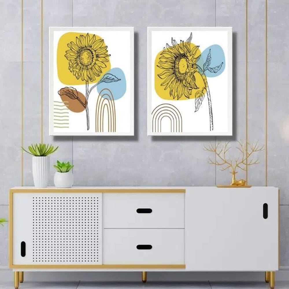 Kit 2 Quadros Gravuras Girassóis Boho 24X18Cm - Com Vidro