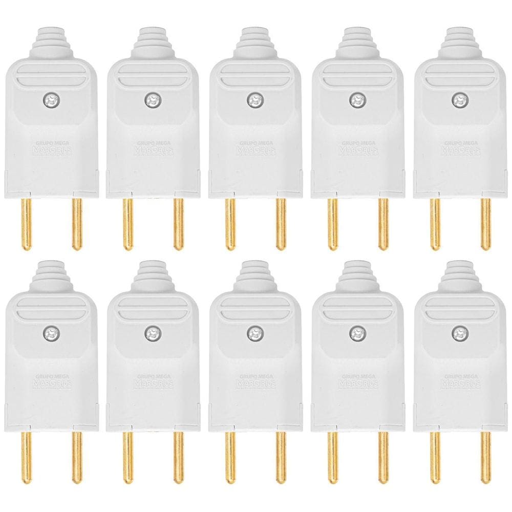 10 Tomada Plug Macho Prensa Cabo 2 Pinos Finos 10A Branco
