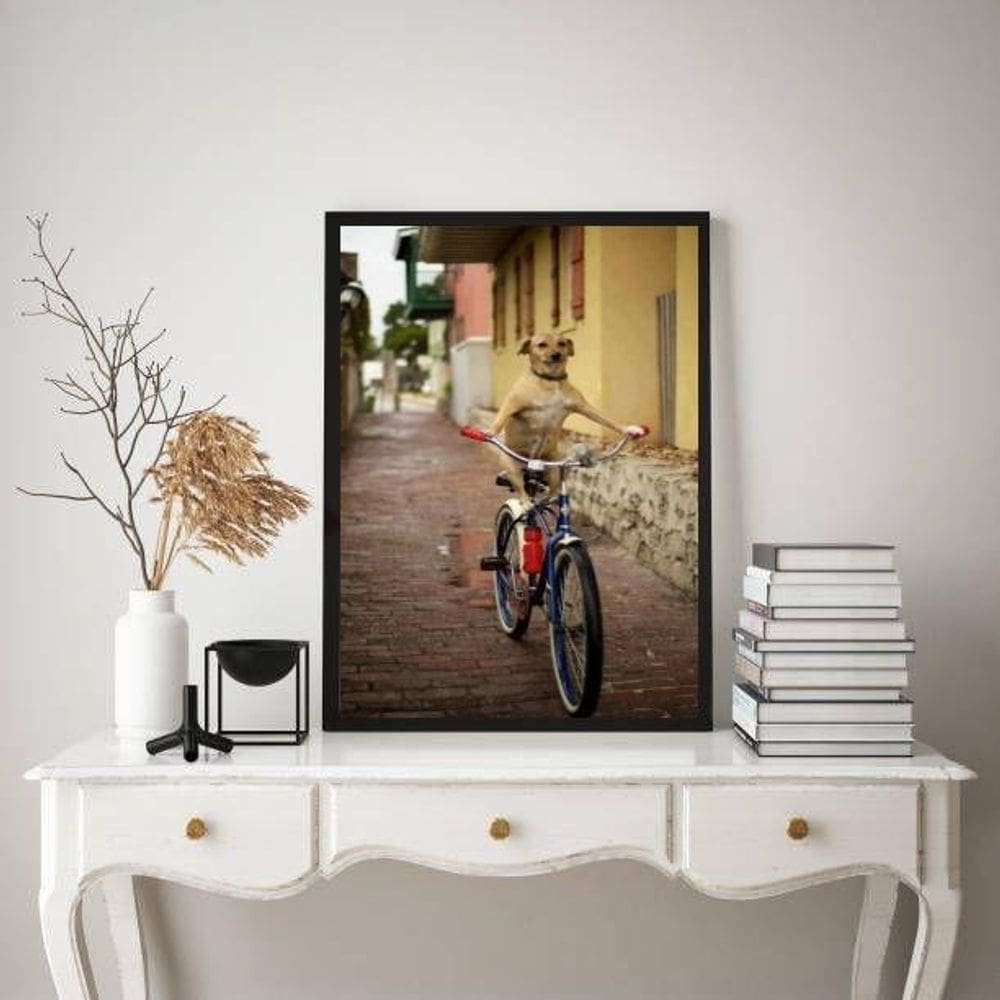 Quadro Decorativo Cachorro Caramelo Na Bicicleta 45X34Cm
