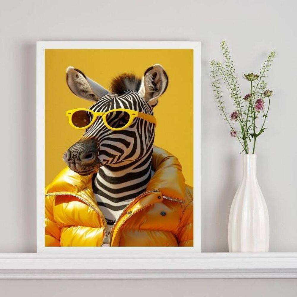 Quadro Zebra Fashion De Óculos Amarelo 45X34Cm
