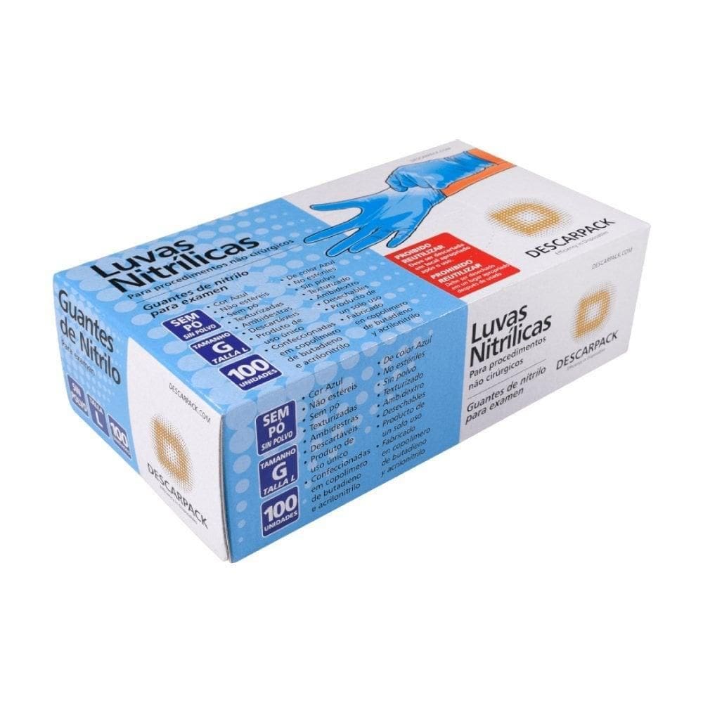 Luva Descartável Nitrílica Sem Pó Azul G - 100Un Descarpack