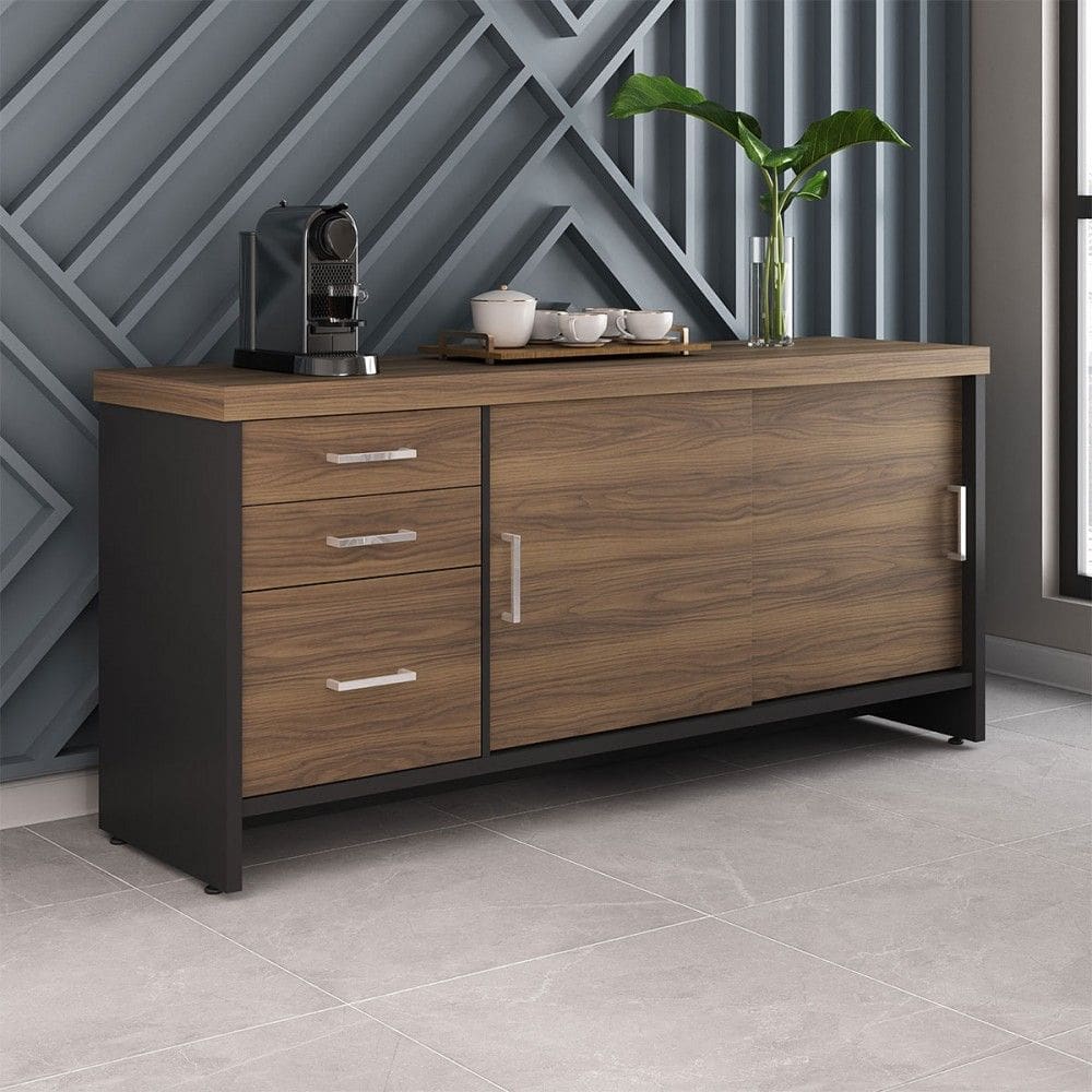 Armário para Escritório Tamburato 3 Gavetas 2 Portas Nogal/Preto - Artany Móveis