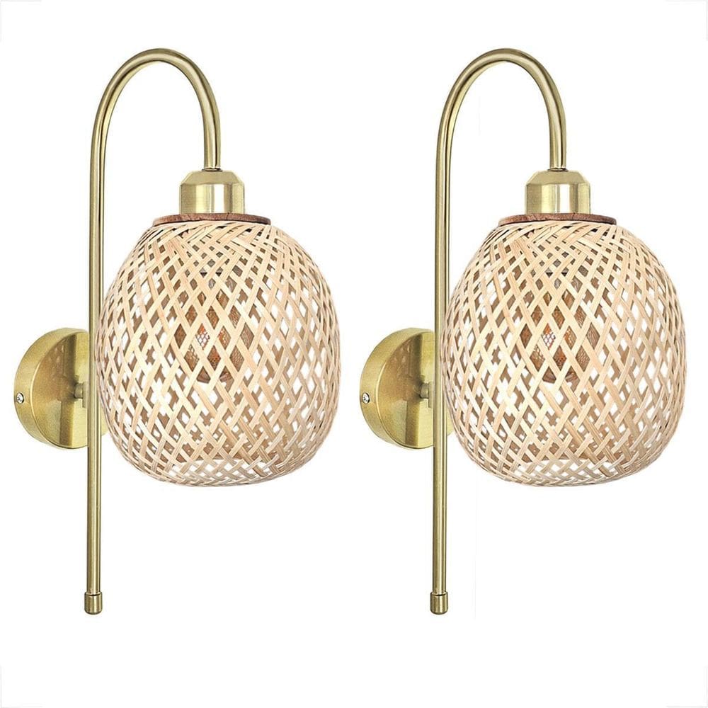 Kit 2 Arandela Dourada Interna Bambu Fibra Natural Sala