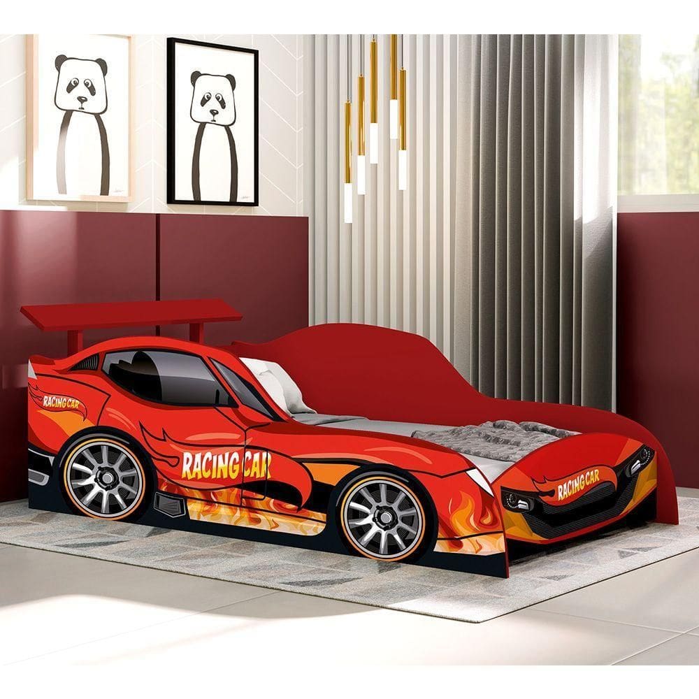 Cama Carro Racing Solteiro Para Meninos Mdf - Vermelho Racing Car Relâmpago