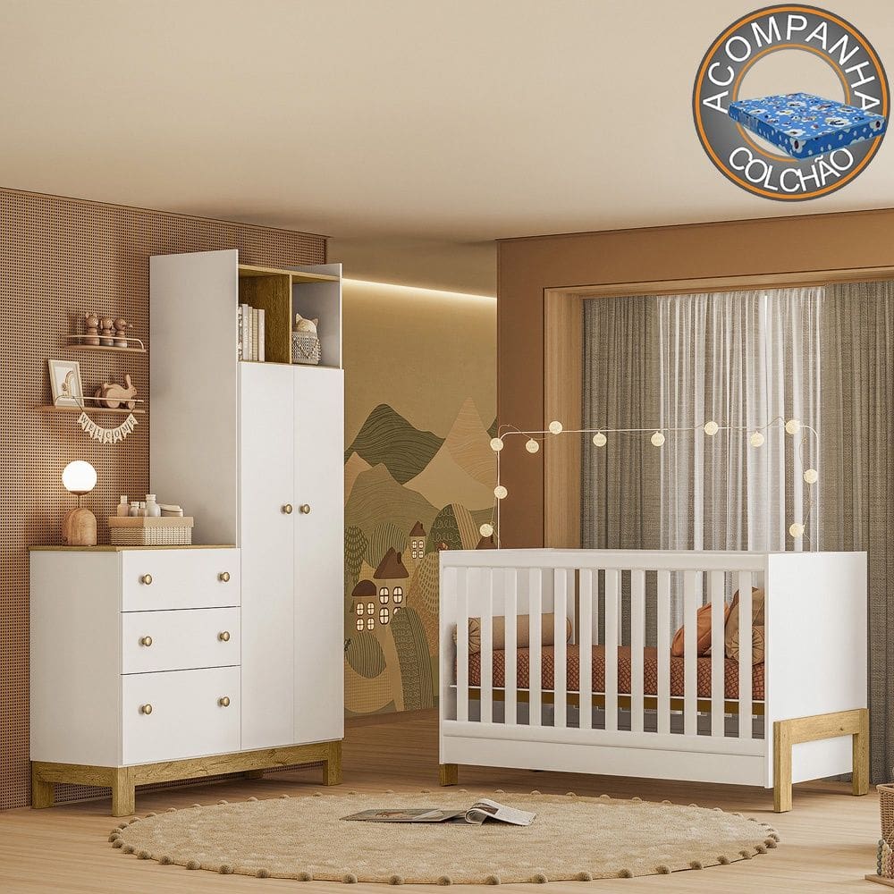 Quarto de Bebê com Berço Mini Cama Fantasia e Roupeiro com Cômoda QEncanto Slim Freijó Branco Acetinado Qmovi + Colchão Ortobom