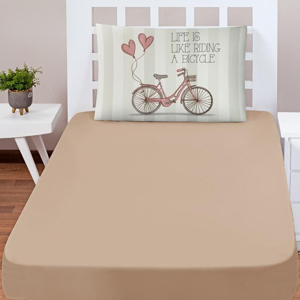 Jogo Cama Lençol Shine Solteiro 2Pçs Vintage Bike Bege