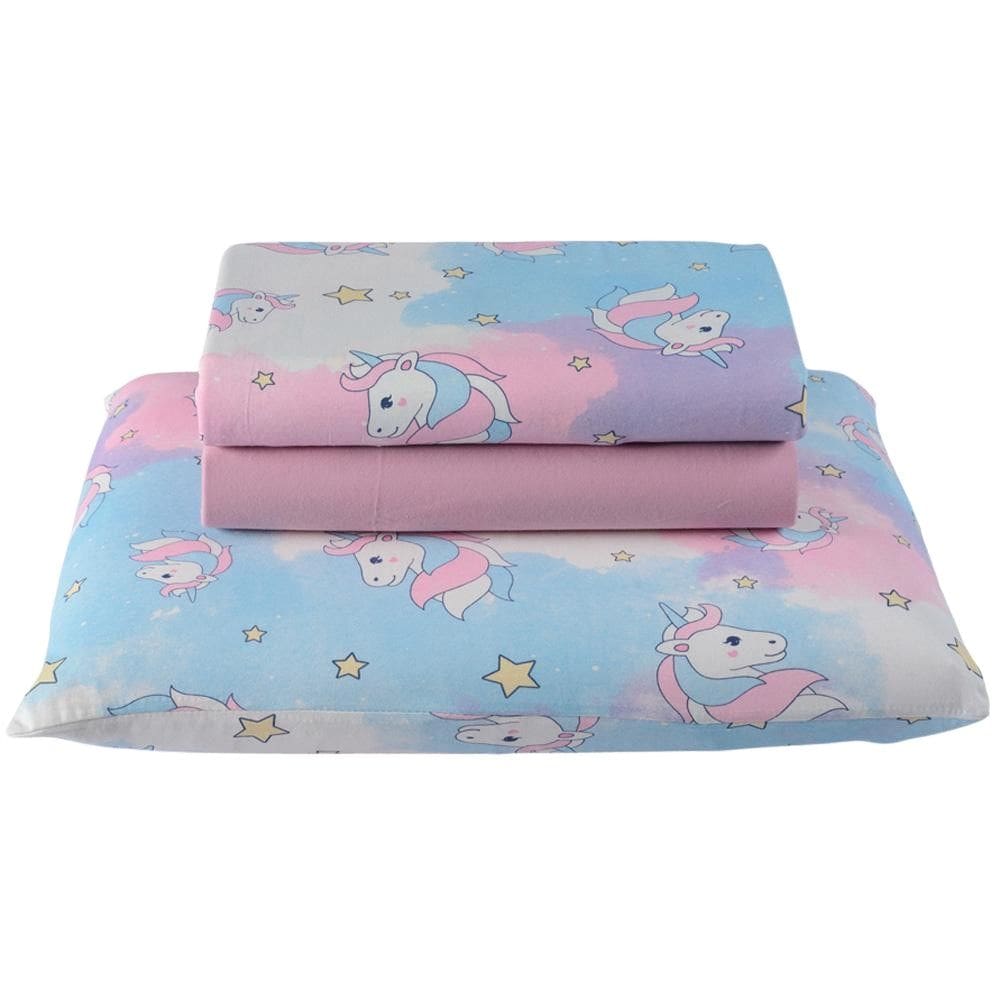 Jogo Lençol Solteiro Diverkids 3 Peças Unicórnio Rosa/Azul