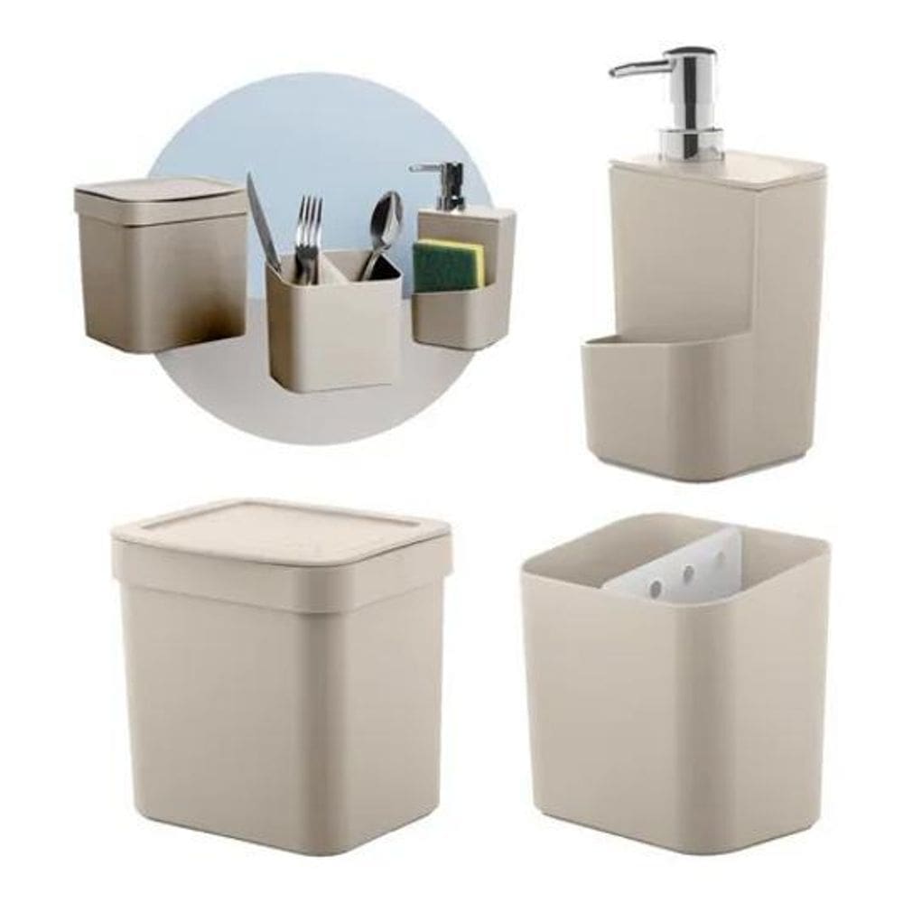 Jogo 3 Pçs De Cozinha Pia Trium Porta Detergente Lixeira