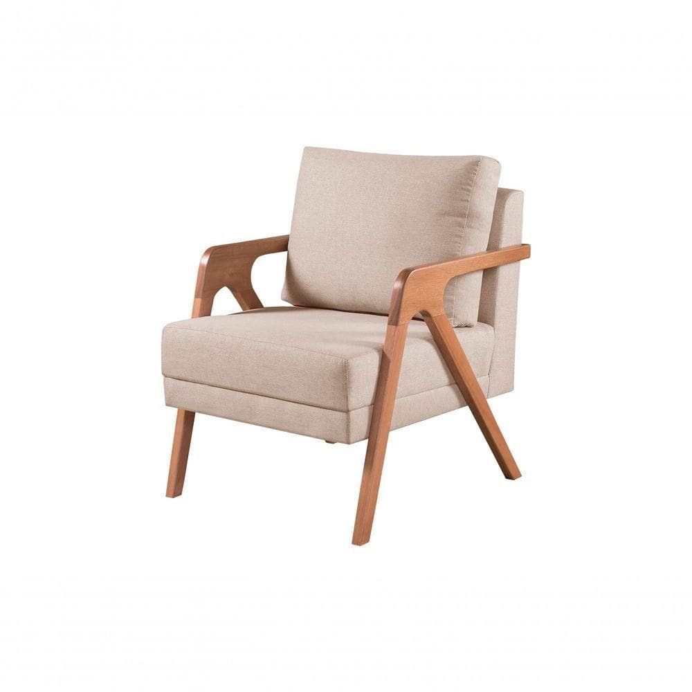 Poltrona Decorativa Mona Braço De Madeira Cor:linho Bege