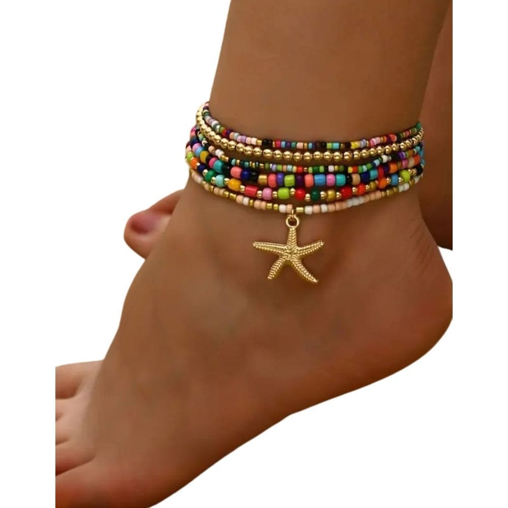 Tornozeleira Boho Chic Joia de Praia Pingentes Coloridos
