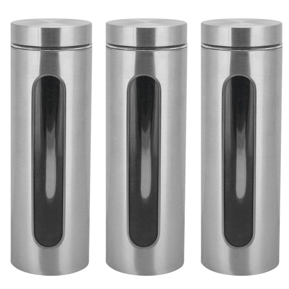 Kit 3 Potes Para Mantimentos Inox E Vidro Com Visor 1750Ml