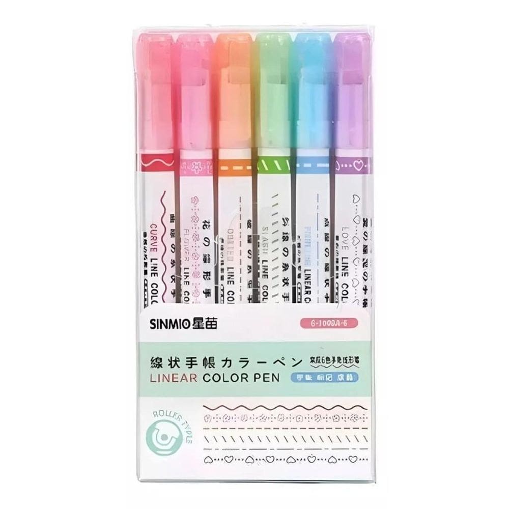 6 Canetas Carimbo Roller Stamp Desenho Criativo Coloridos