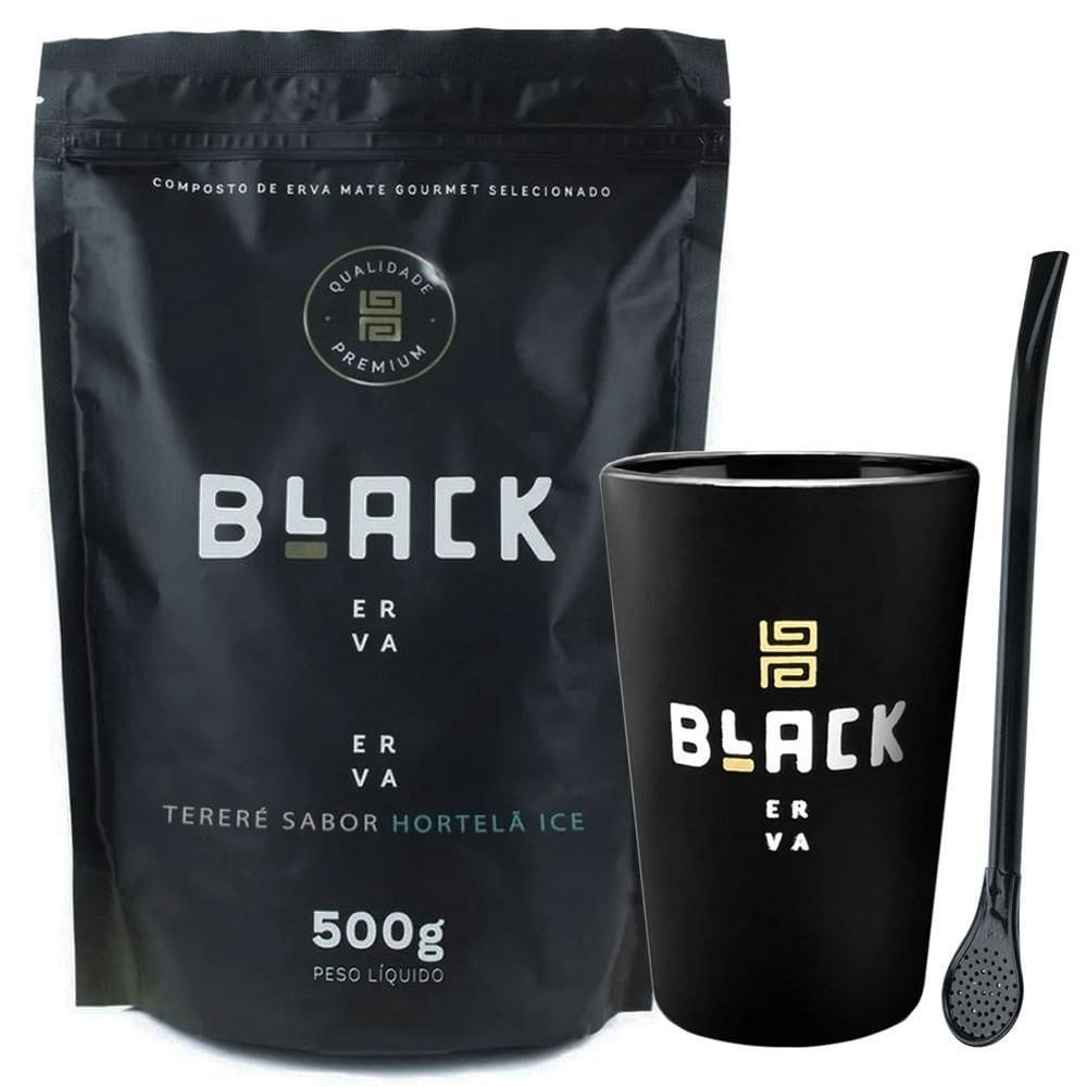Kit Tereré Erva Hortelã Ice Copo Preto E Bomba Black Erva
