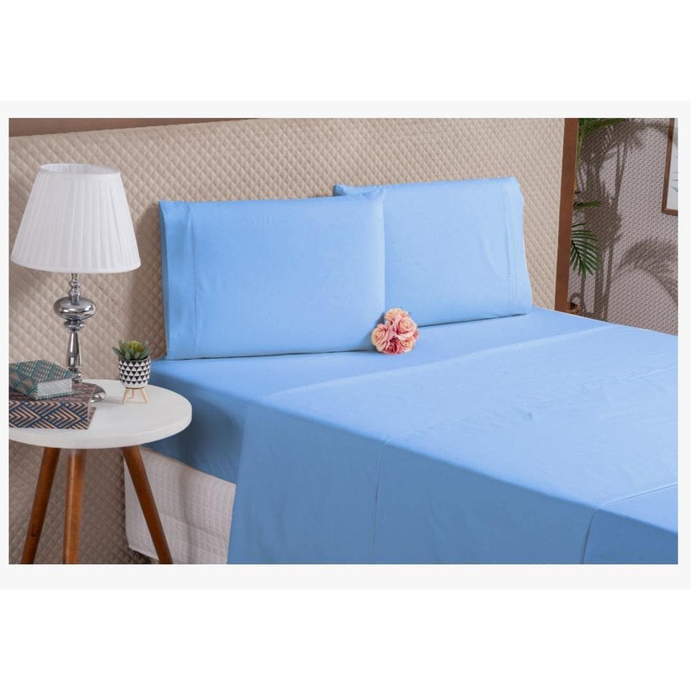 Jogo De Cama Casal King Azul Algodão 4 Peças Percal 180F