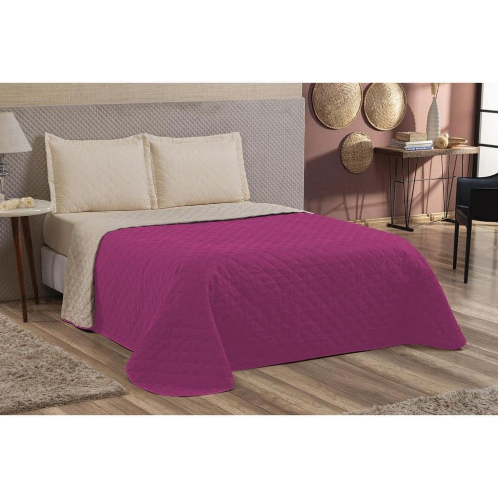 Colcha Casal Queen 4 Peças Com Fronhas Matelado Pink/Cáqui