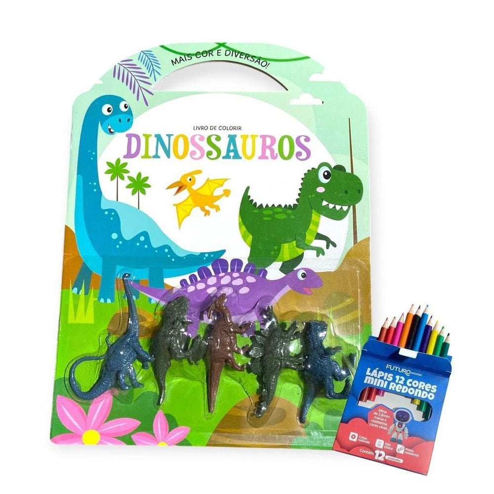 Livro Infantil De Colorir +5 Mini Dinossauros +Lápis De Cor