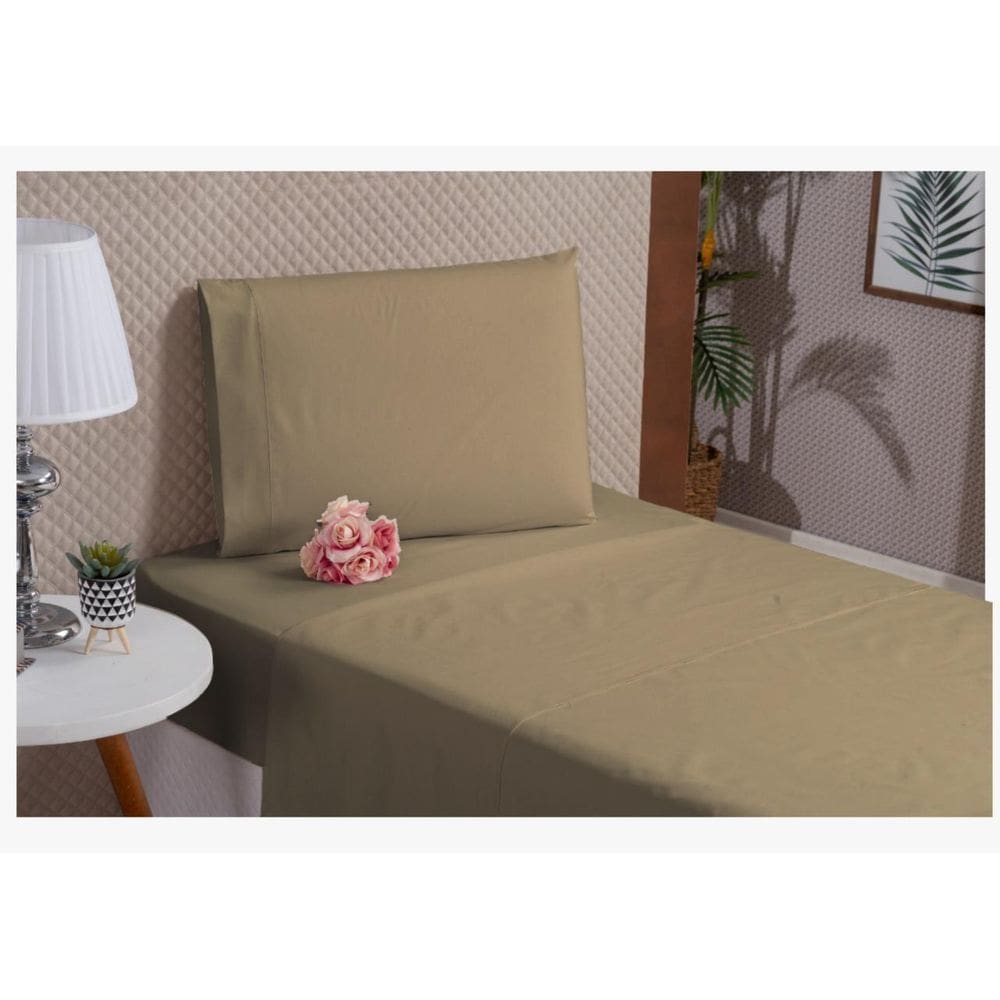 Jogo De Lençol Cima E Baixo Algodão 3 Peças Solteiro Cáqui