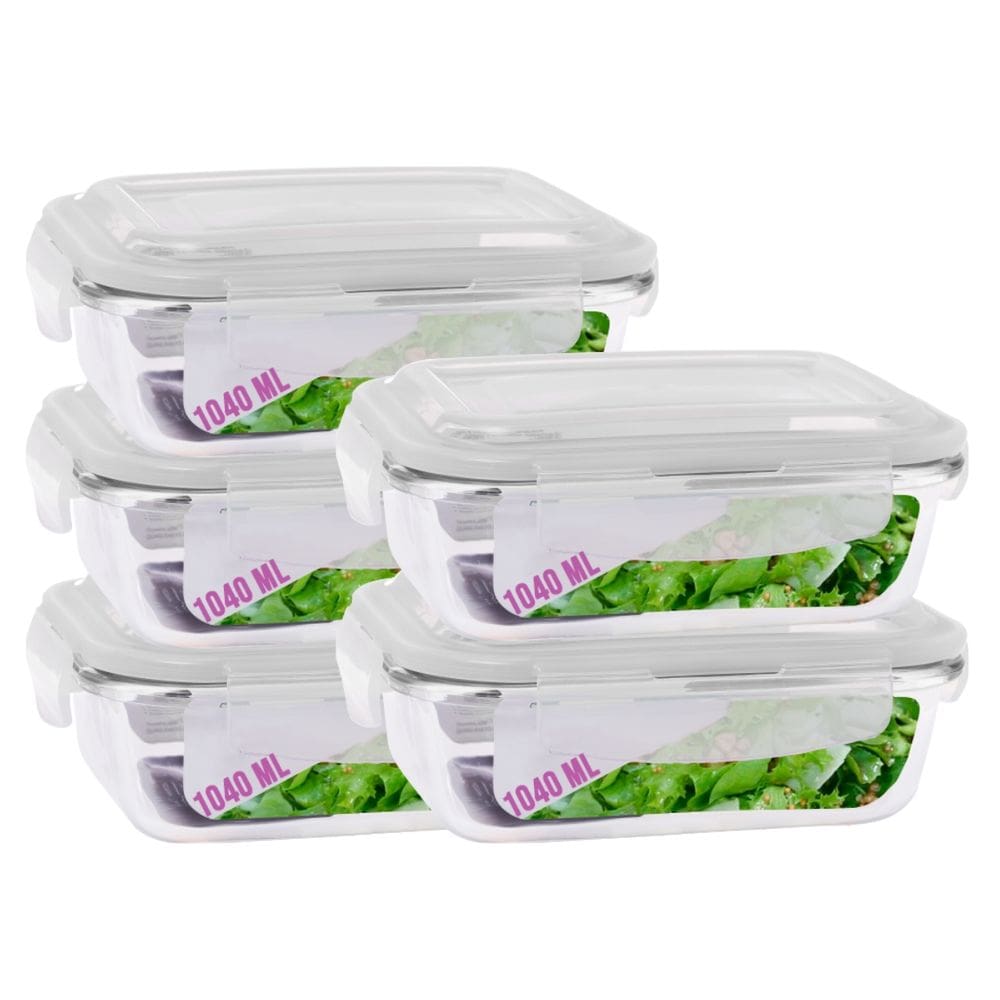 Jogo 5 Potes Vidro Retangular Marmitas Tampa 4 Travas 1040ml