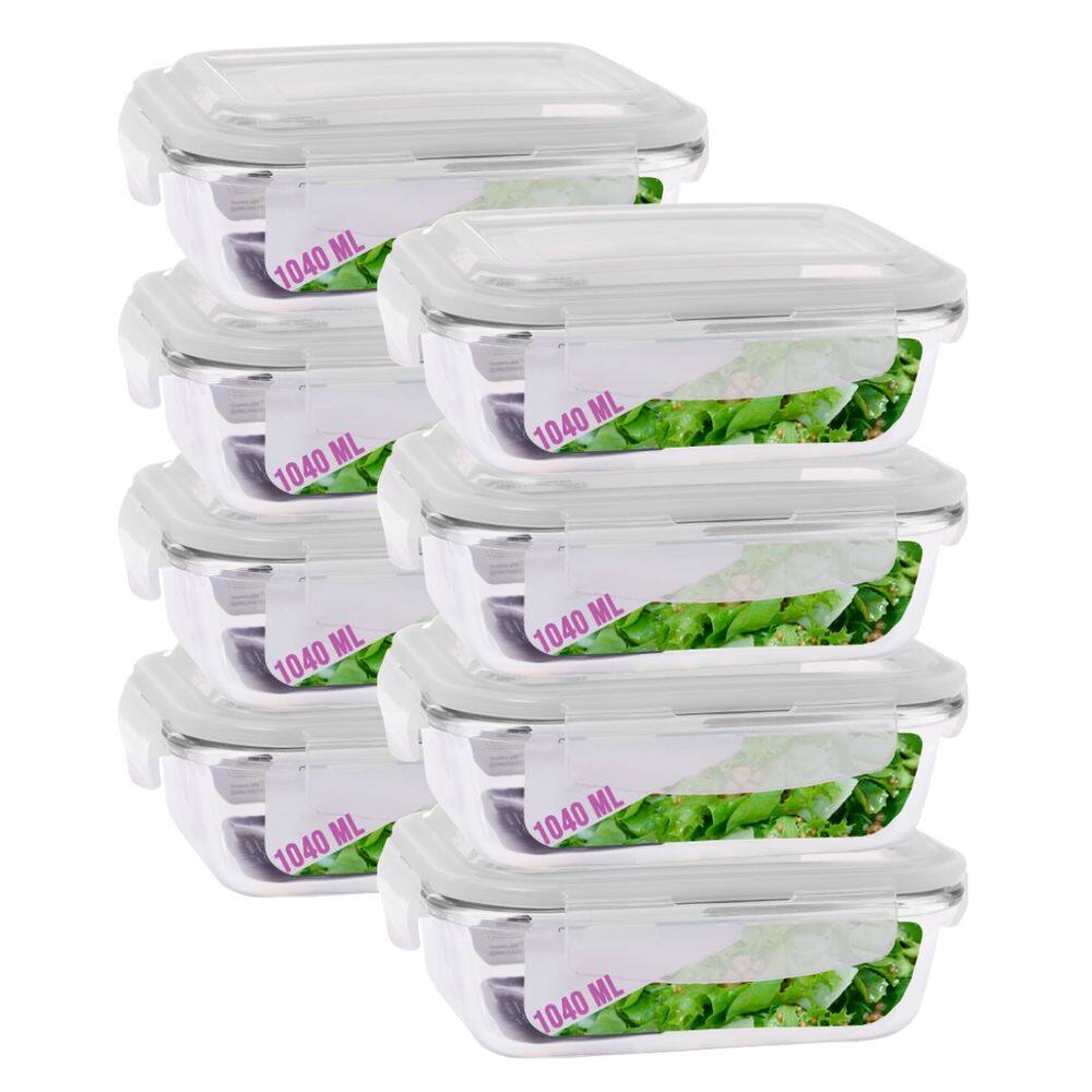 Jogo 8 Potes Vidro Retangular Marmitas Tampa 4 Travas 1040ml