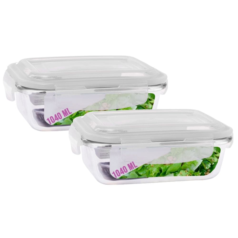 Jogo 2 Potes Vidro Retangular Marmitas Tampa 4 Travas 1040ml