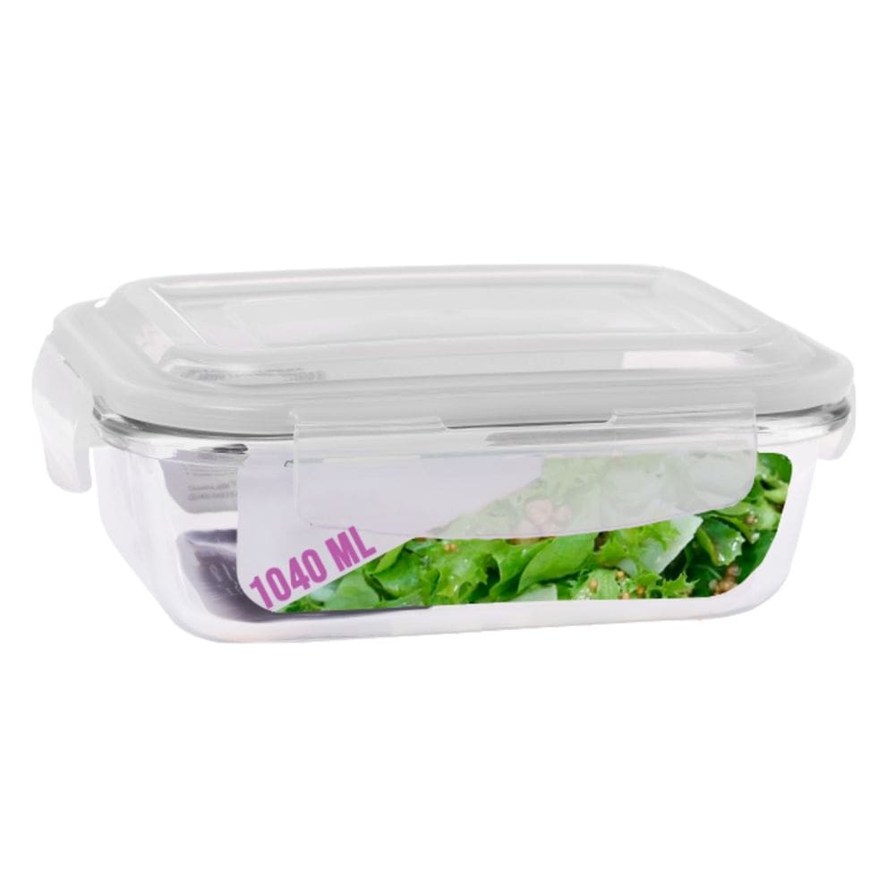 Pote Vidro Retangular Marmitas Tampa 4 Travas 1040ml Transparente