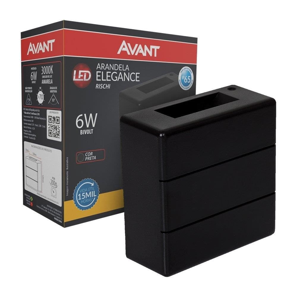 Luminária LED Avant Arandela Elegance Rischi - IP65 6W 3000K 360 Lúmens Preta