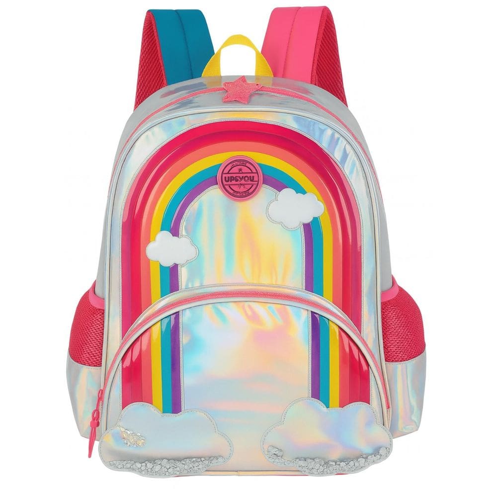 Mochila Escolar Menina De Costas Arco-Íris Holográfica Prata
