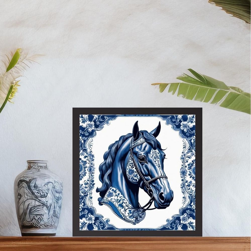 Quadro Cavalo Floral Estilo Azulejo Português - 33X33Cm