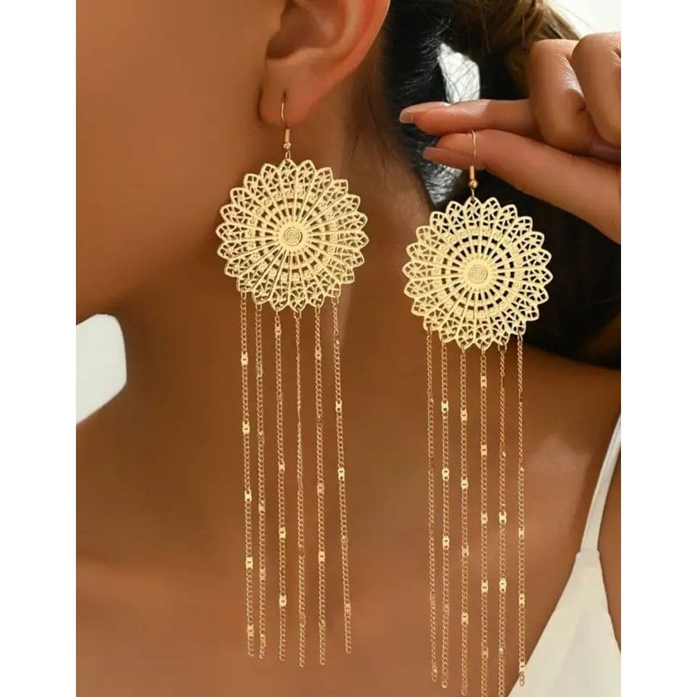 Brinco Feminino Boho Chic Geométrico Vazado Longo com Franja