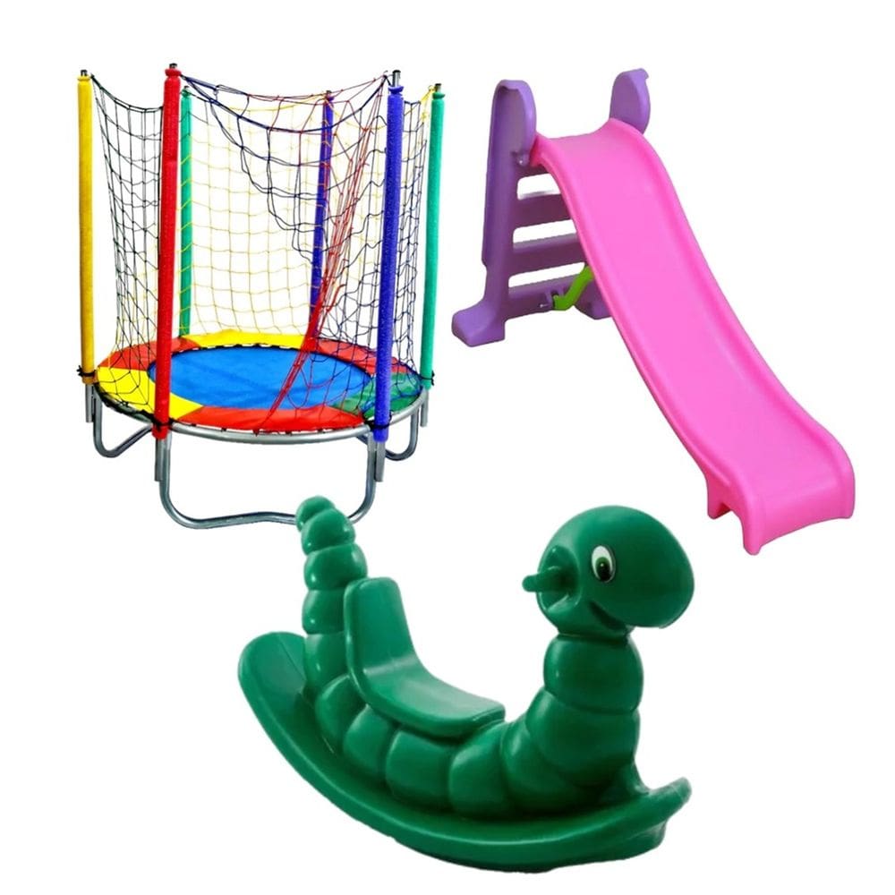 Kit Infantil Cama Elástica 1,40m Escorregador Médio Gangorra Minhoca