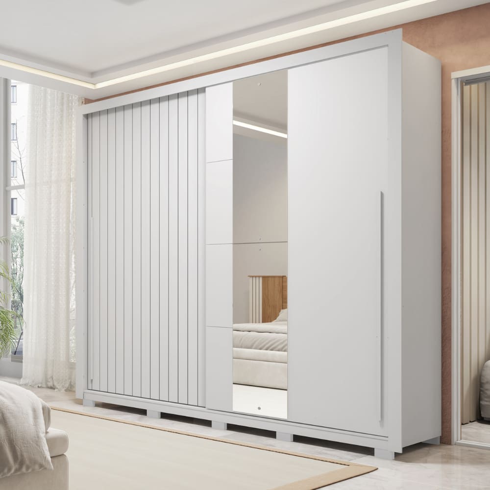 Guarda-roupa Casal Ripado com Espelhos 2 Portas e 4 Gavetas Suburban Gold Espresso Móveis Branco