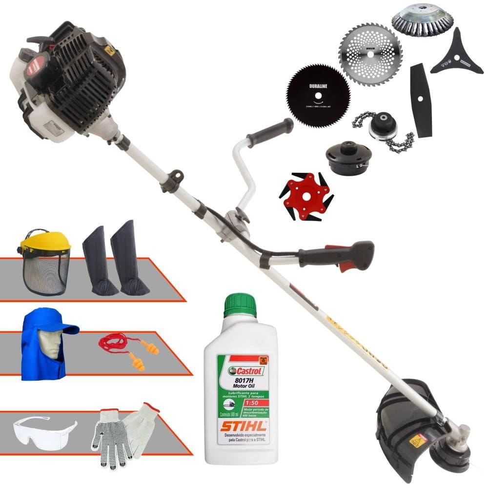 Roçadeira  Kawashima KW43LE À Gasolina 43cc 1,7HP Alta Rotação Com Carretel de Nylon + Kit 7 Opções de Cortes + EPI + ÓLEO STIHL 2 Tempos