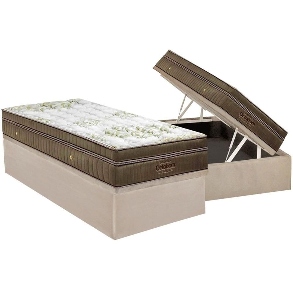 Cama Box Baú Solteiro: Colchão Molas Molas Ensacadas Ensacadas Ortobom Gold Visco UltraGel Pilow Touch + Base CRC Suede Clean (88x188)