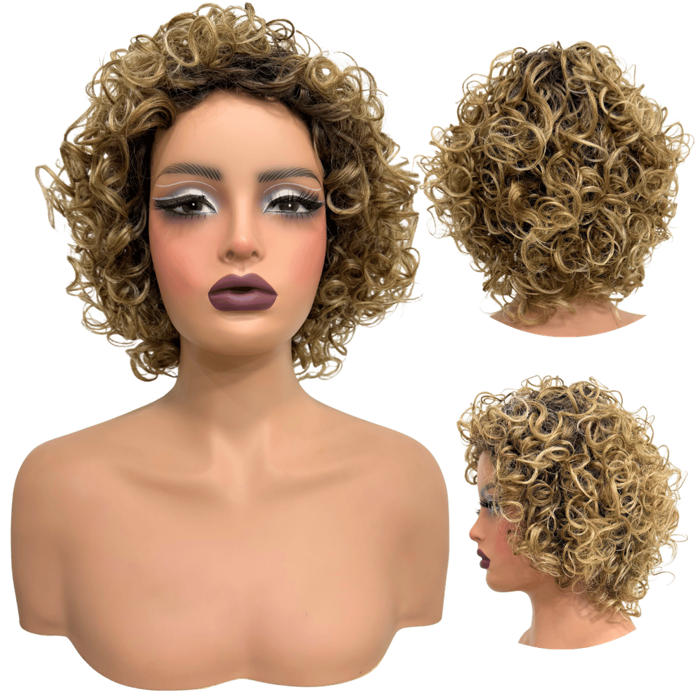 Peruca cacheada curta loira ombre hair encaracolada 30cm