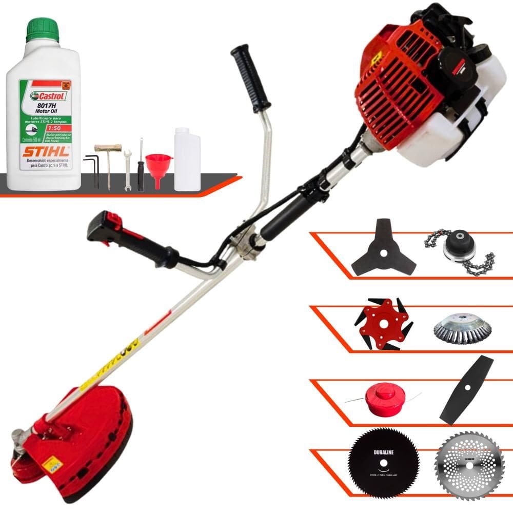 Roçadeira Kawashima KW52L À Gasolina 2T 52cc 2,5HP de Potência Alta Rotação Com Carretel de Nylon + Kit 7 Opções de Cortes + ÓLEO STIHL