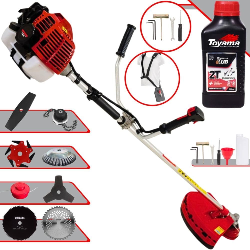 Roçadeira Kawashima KW52-L À Gasolina 52cc Para Todos os Tipos de Trabalho Com Carretel Nylon + Kit 7 Lâminas de Cortes + ÓLEO TOYAMA