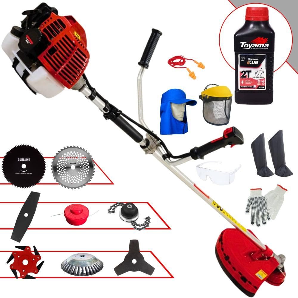 Cortador de Grama Kawashima KW52-L 52cc 2,5HP 10.000rpm Roçadeira Lateral Completa Com Carretel de Nylon + 7 Opções de Corte + EPI + ÓLEO TOYAMA 2T