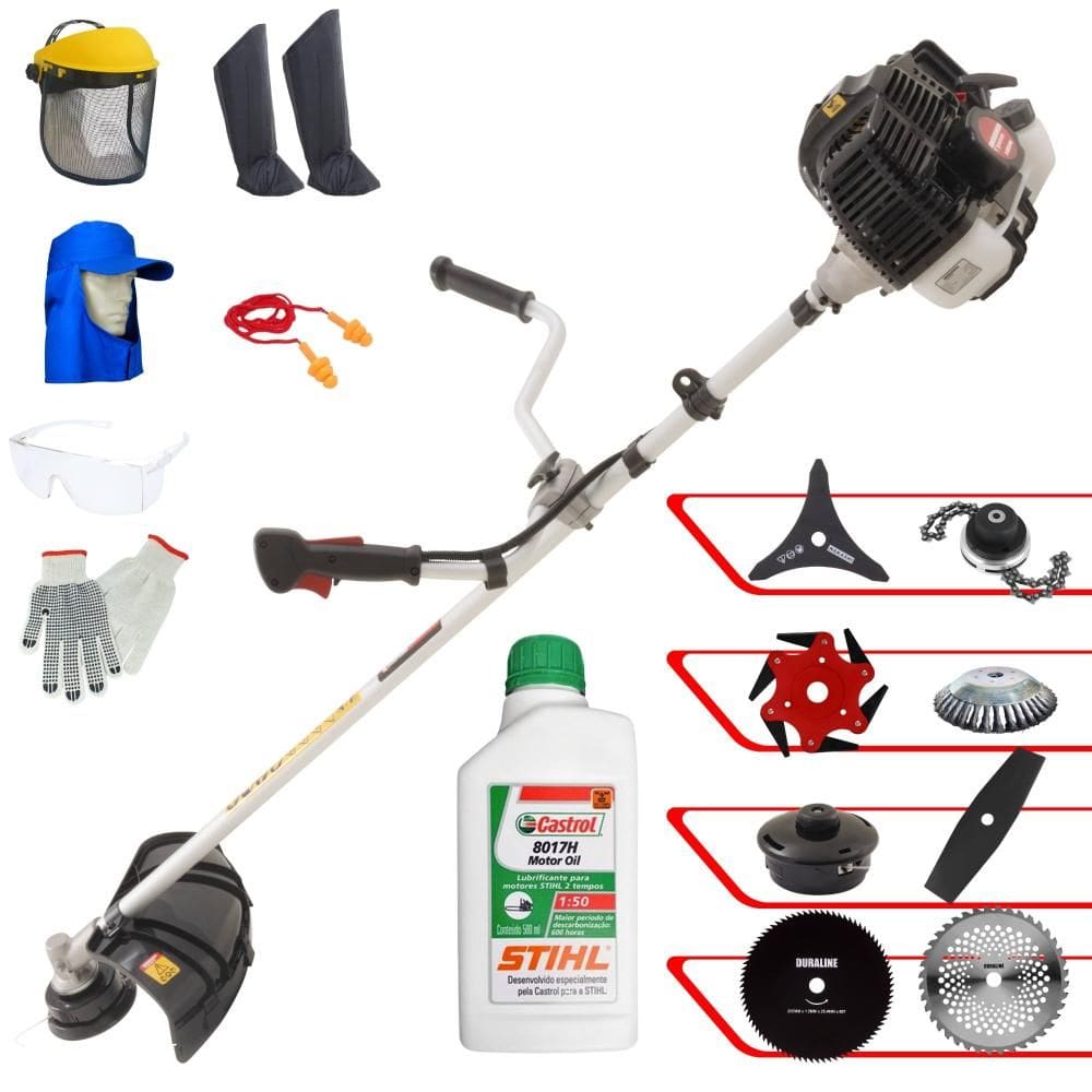 Roçadeira Kawashima KW43LE 1,7HP 43cc + Facas 2 Pontas, 3 Pontas, 6 Pontas, 40 Dentes, 80 Dentes, Trimmer, Carretel e Escova + EPI + ÓLEO STIHL 2T